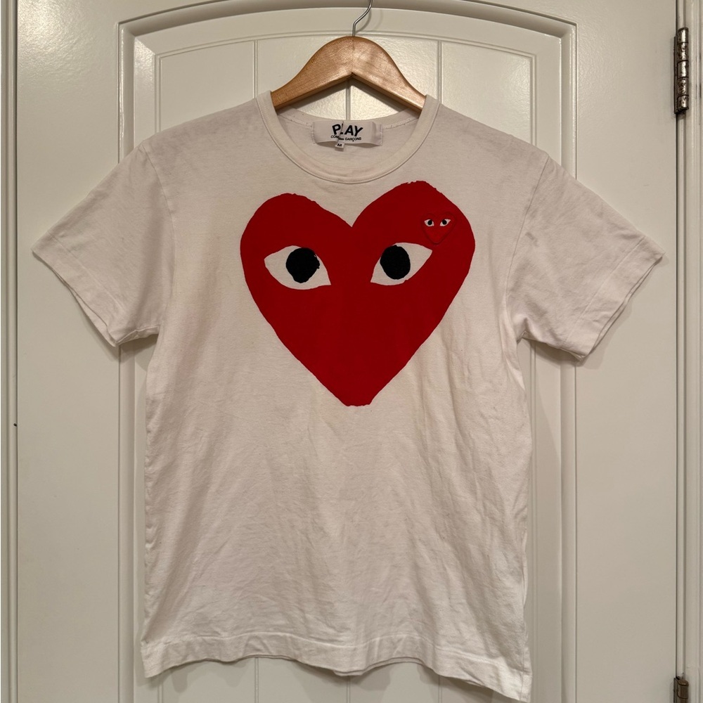 Women’s Comme Des Garçons Play, Double Heart, White T-Shirt, Medium - Picture 7 of 7